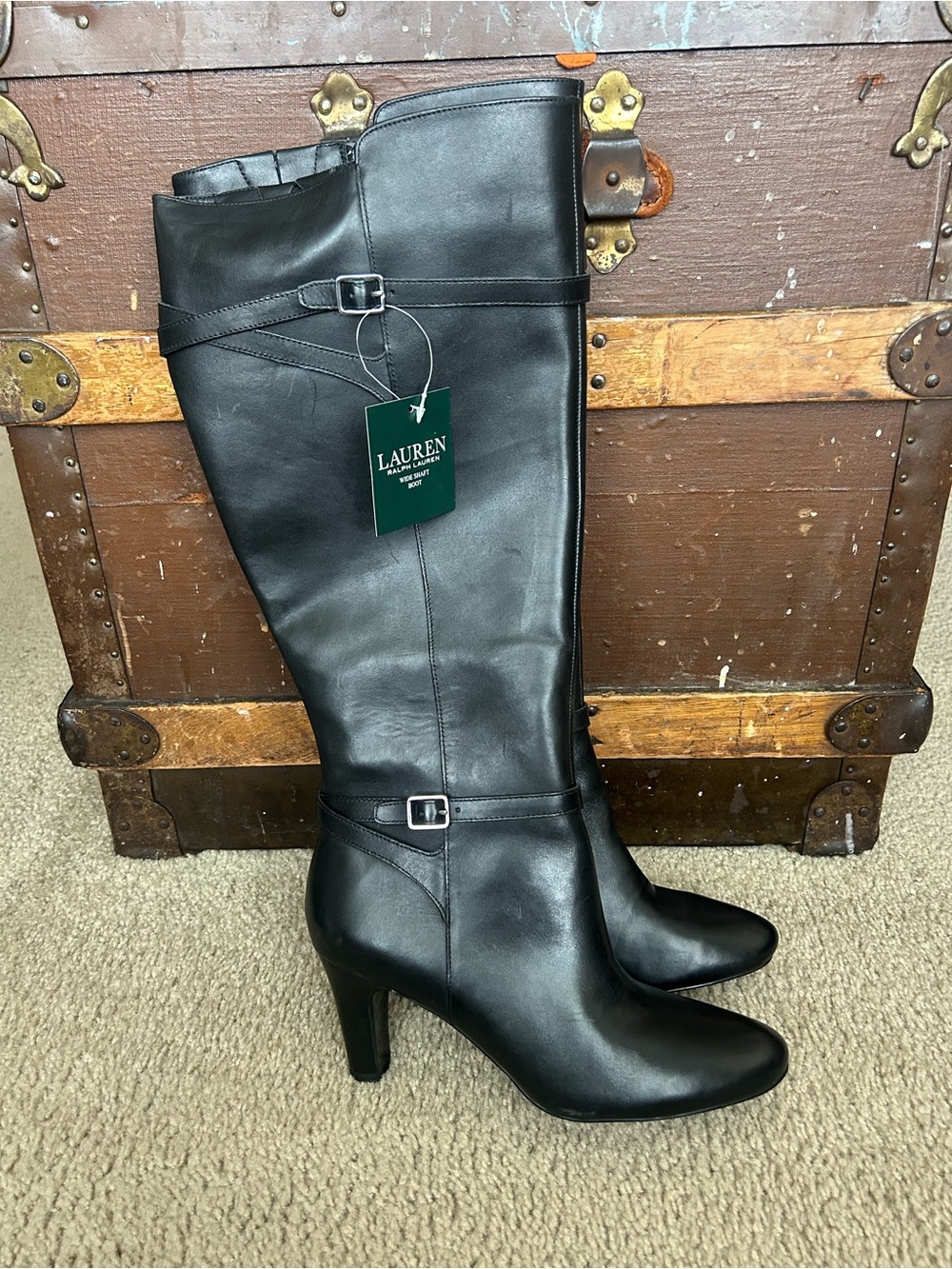 Ralph Lauren Black Leather Knee-High Heeled Boots with Buckle Detail